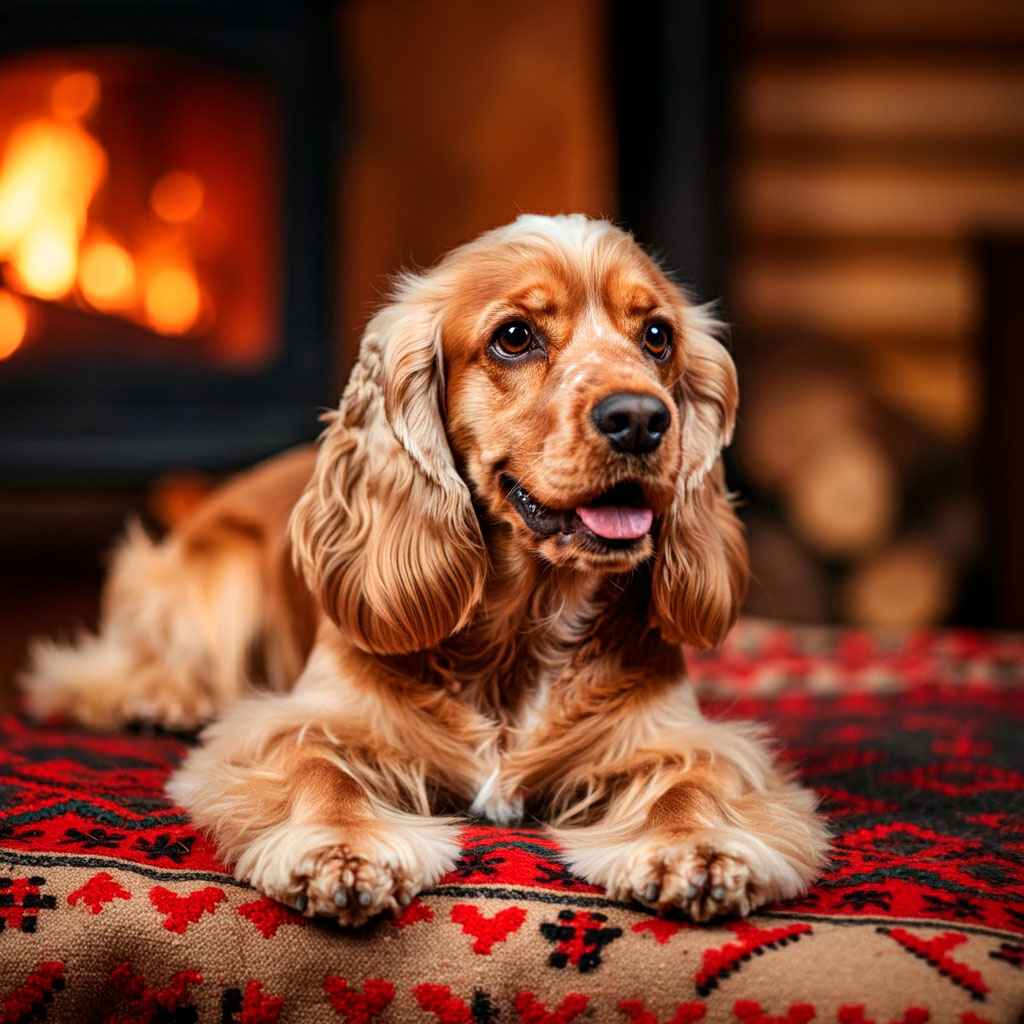Cocker Spaniel Inglés 3 Cocker Spaniel inglés junto a una chimenea encendida.