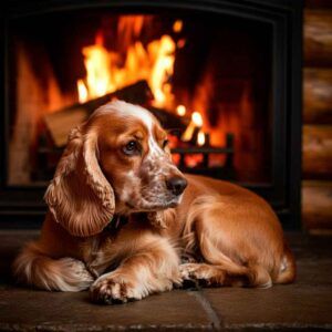 Cocker Spaniel Inglés 5 Cocker Spaniel inglés descansando junto a una chimenea encendida.