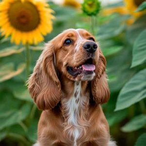 Cocker Spaniel Inglés 2 Cocker Spaniel inglés rodeado de girasoles en un campo.