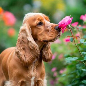 Cocker Spaniel Inglés 4 Cocker Spaniel inglés olfateando una rosa en el jardín.