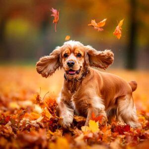 Cocker Spaniel Inglés 8 Cocker Spaniel inglés jugando con hojas en otoño.