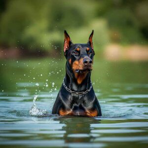 Doberman en el agua disfrutando de un baño.