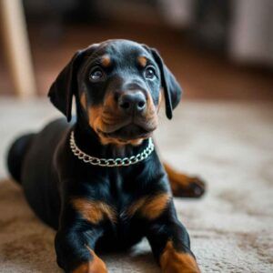 Cachorro de Doberman con un collar en casa.