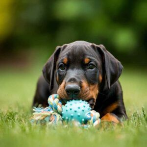 Cachorro de Doberman jugando con un juguete en el césped.
