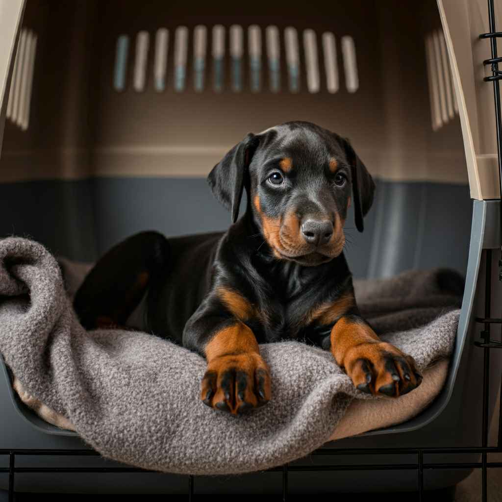 Cachorro de Doberman dentro de un transportín.