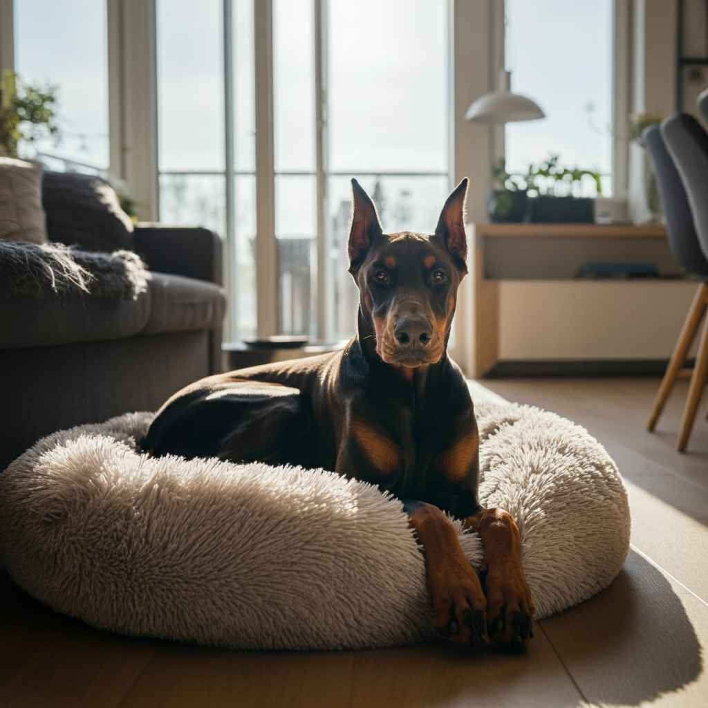 Doberman descansando en una cama mullida.