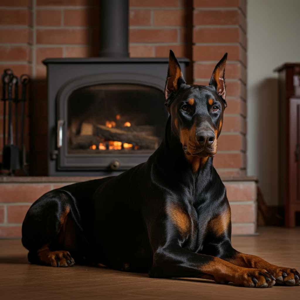 Doberman descansando frente a una chimenea.