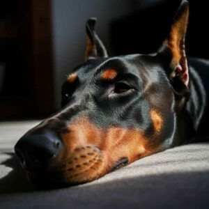 Doberman descansando en la sombra.