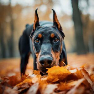 Doberman oliendo las hojas en otoño.