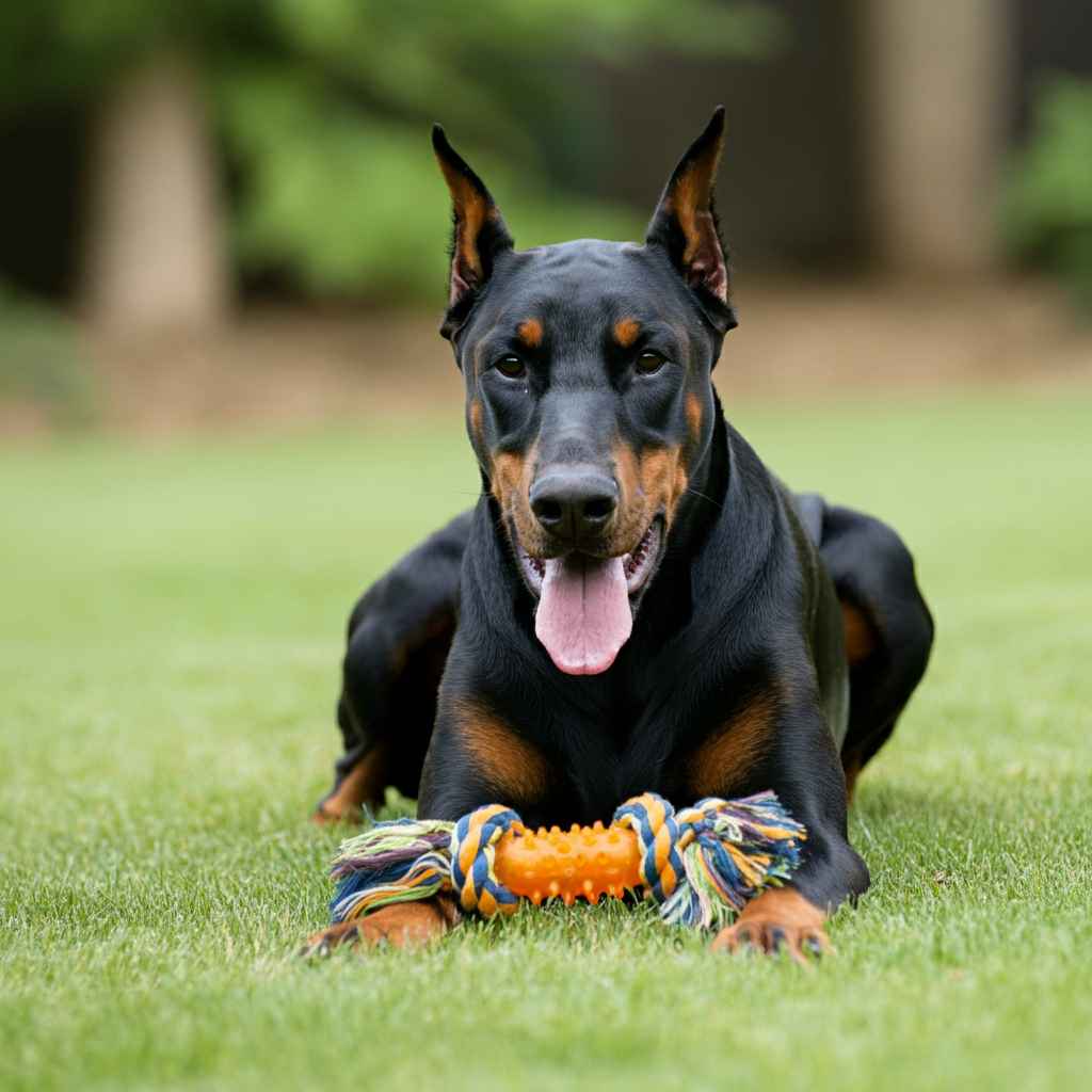 Doberman jugando en el césped con un juguete.