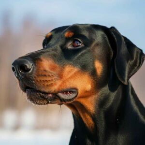 Primer plano del perfil de un Doberman en la nieve.