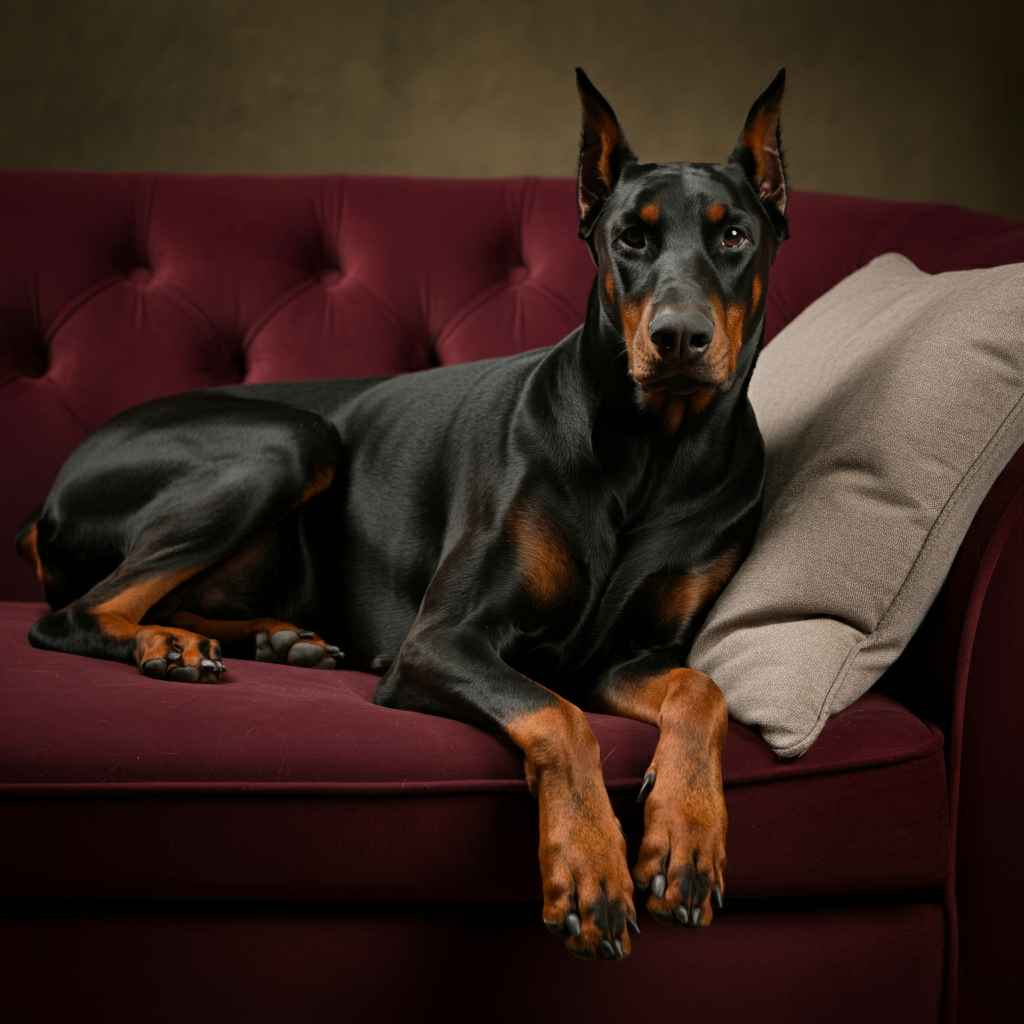 Doberman descansando en un sofá.