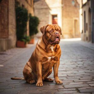 Dogo de Burdeos 4 Dogo de Burdeos sentado en una calle empedrada de un pueblo.