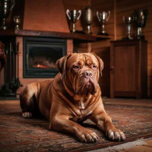 Dogo de Burdeos 5 Un Dogo de Burdeos tumbado cerca de una chimenea con trofeos en el fondo.