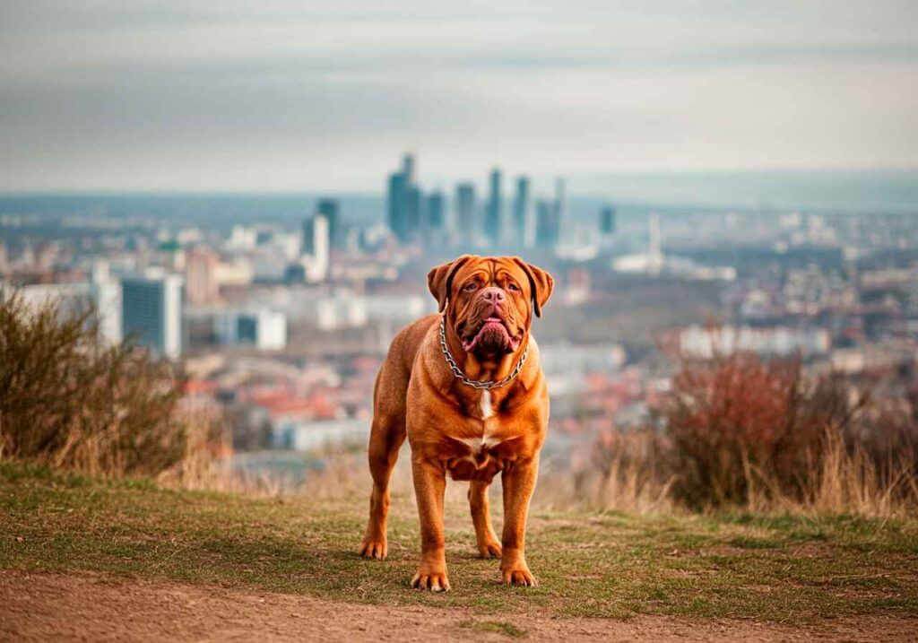 Dogo de Burdeos 1 Un Dogo de Burdeos en un paisaje urbano con la ciudad al fondo.