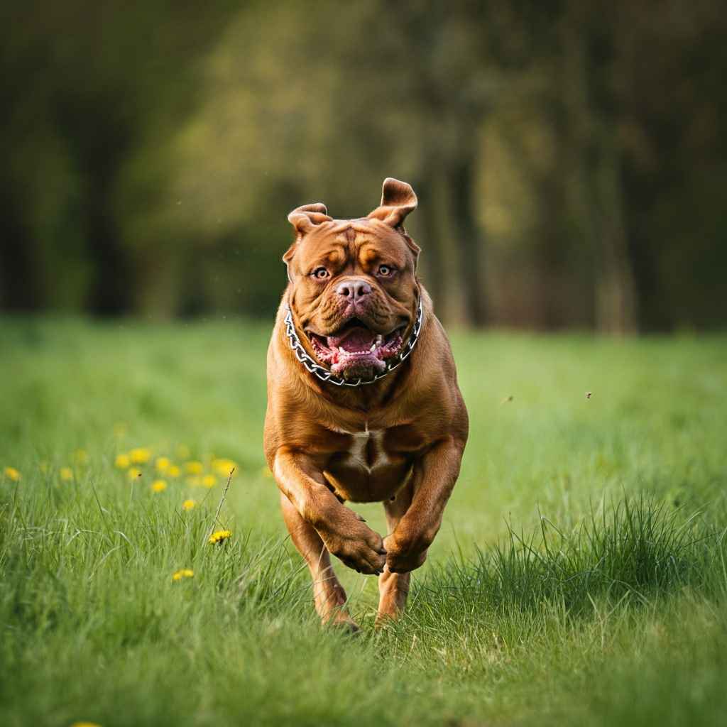 Dogo de Burdeos 6 Un Dogo de Burdeos corriendo felizmente por un campo verde.