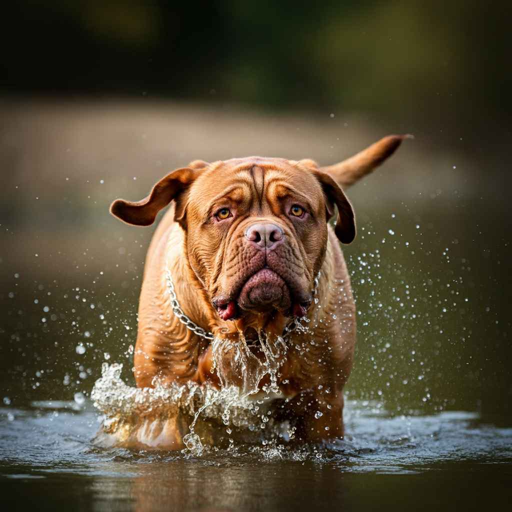 Dogo de Burdeos 8 Dogo de Burdeos corriendo dentro del agua.