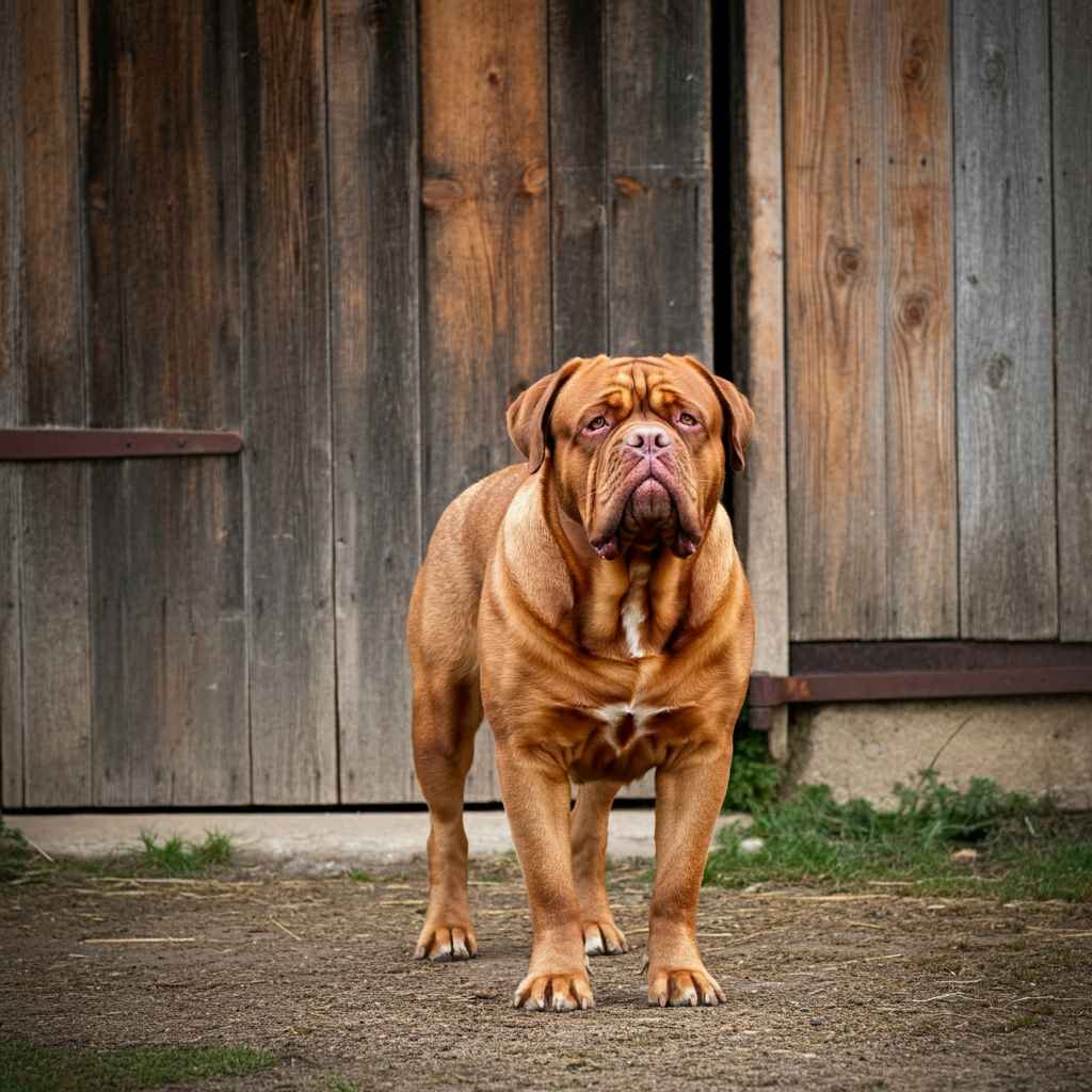 Dogo de Burdeos 10 Un Dogo de Burdeos posando frente a un granero de madera.