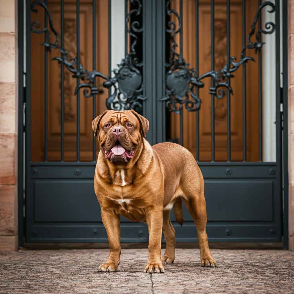 Dogo de Burdeos 3 Un Dogo de Burdeos de pie frente a una puerta con detalles de hierro forjado.