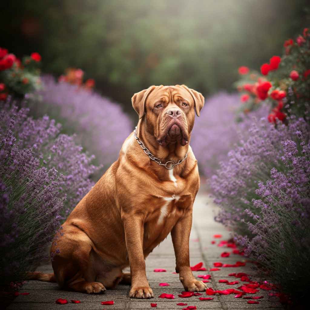 Dogo de Burdeos 7 Dogo de Burdeos sentado en un jardín floral con pétalos en el suelo.
