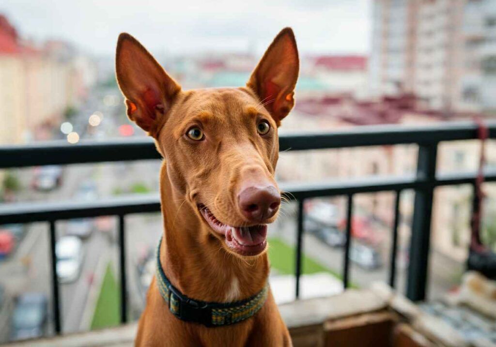 Faraon Hound 9 Primer plano de un Faraon Hound en un balcón con vistas urbanas.