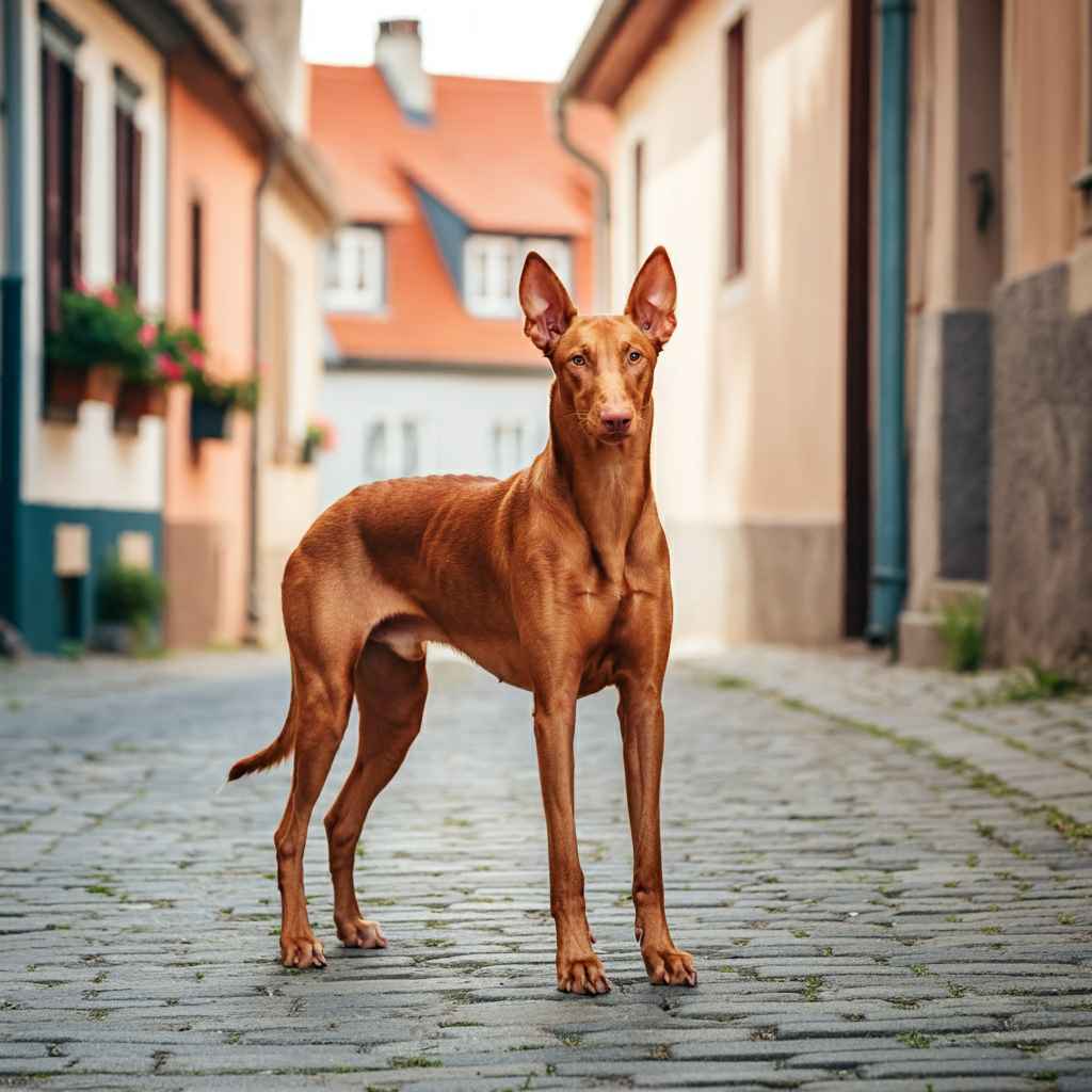 Faraon Hound 1 Faraon Hound posando en una calle empedrada de una ciudad histórica.