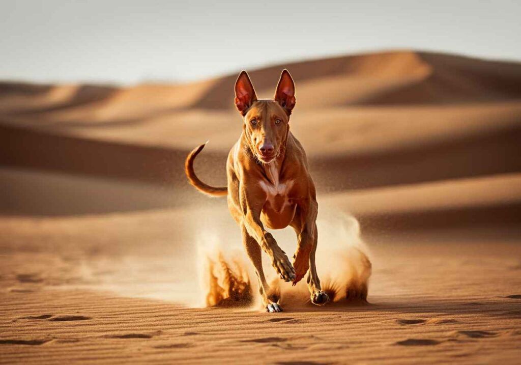 Faraon Hound 3 Faraon Hound corriendo a toda velocidad entre las dunas de arena.