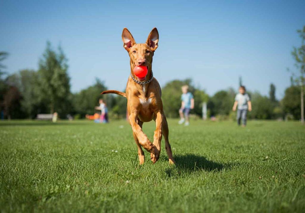 Faraon Hound 7 Perro de raza Faraon Hound corriendo en un parque con una pelota roja en la boca.