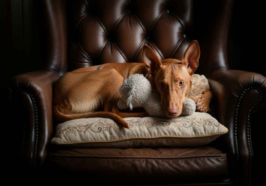 Faraon Hound 10 Faraon Hound descansando en un sillón con un juguete de peluche.