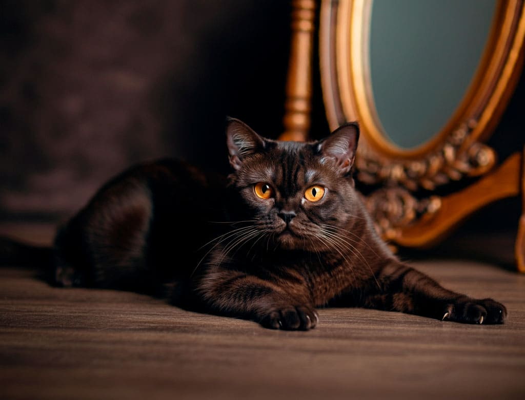 Gato Bombay acostado frente a un espejo antiguo.