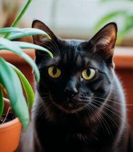 Gato Bombay observando una planta en maceta.