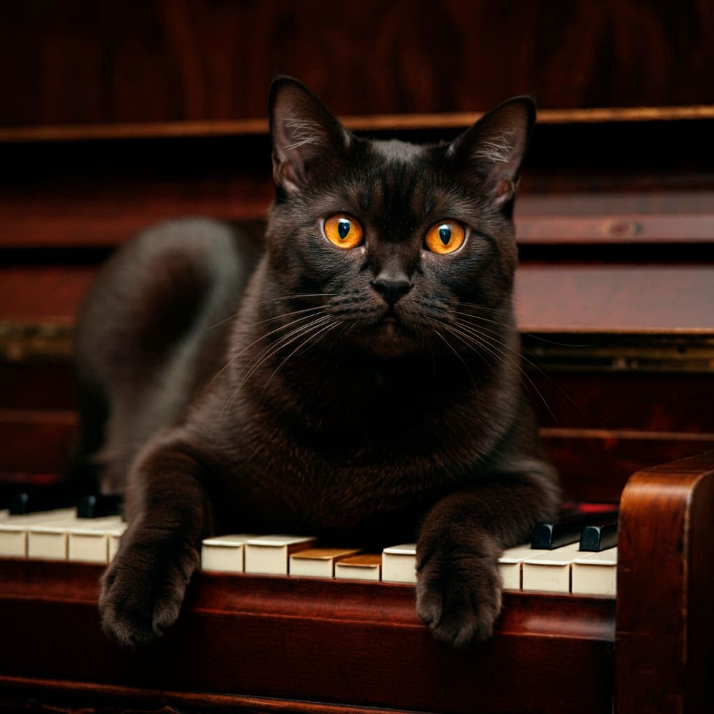 Gato Bombay acostado sobre un piano.