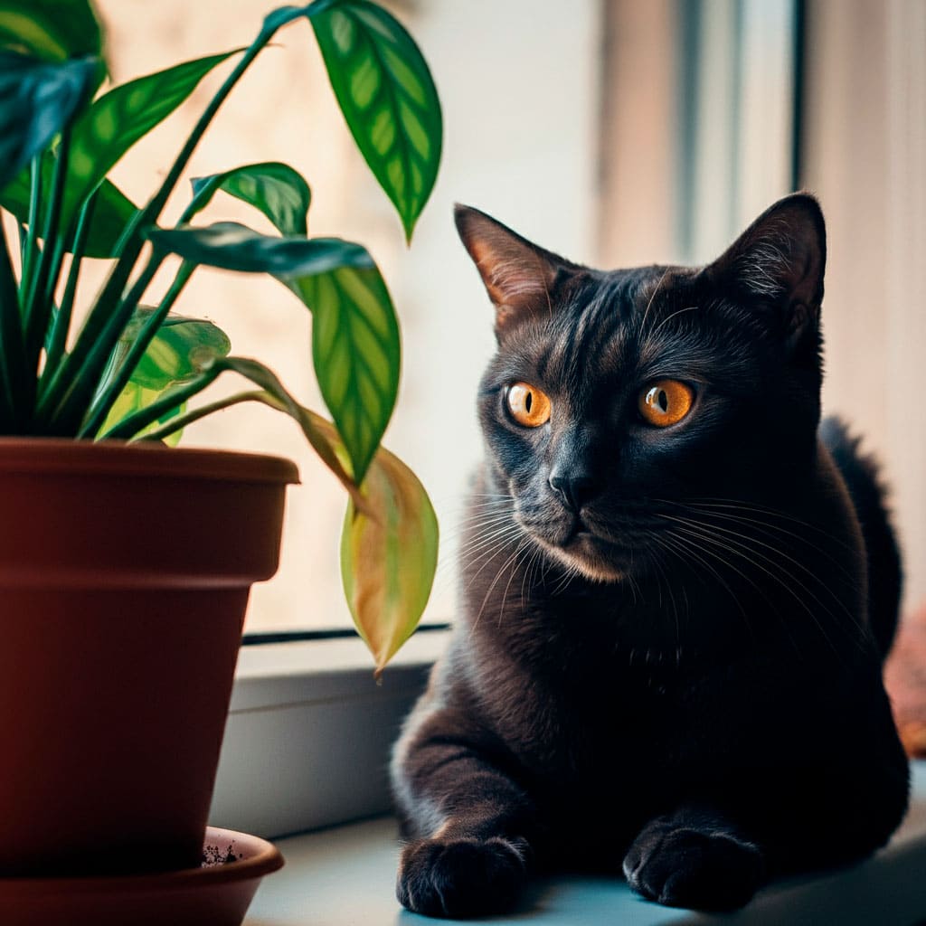 Gato Bombay junto a una planta en la ventana.
