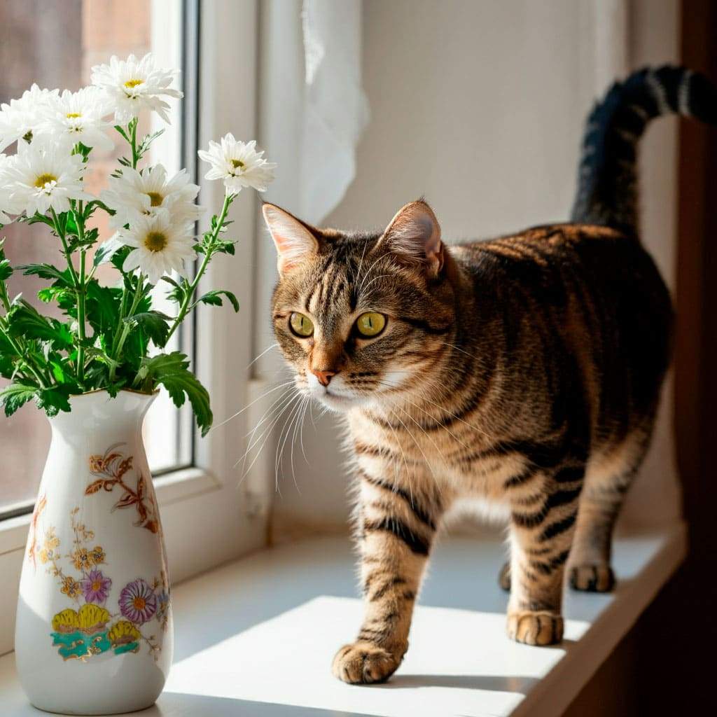 Europeo de pelo corto 2 Gato europeo de pelo corto junto a un jarrón de flores en la ventana.