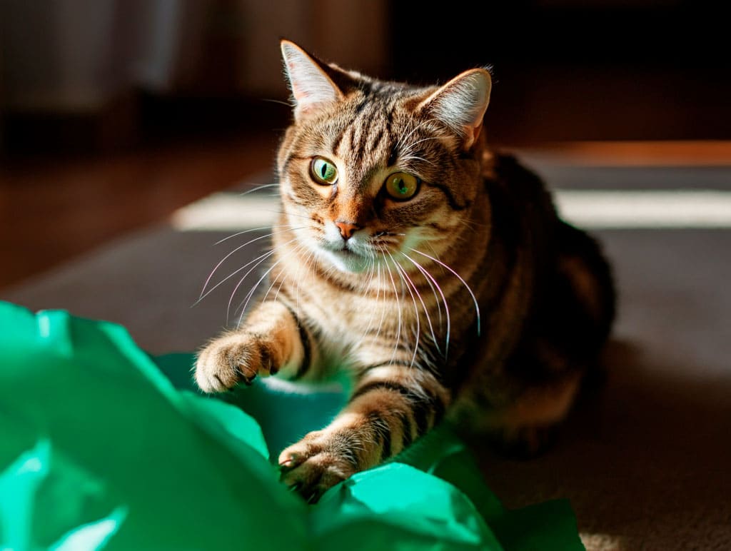Europeo de pelo corto 5 Gato europeo de pelo corto jugando con papel verde.
