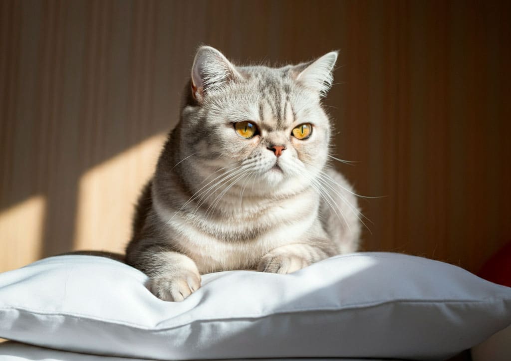 Gato exótico 8 Gato exótico gris recostado en un cojín blanco bajo la luz del sol.