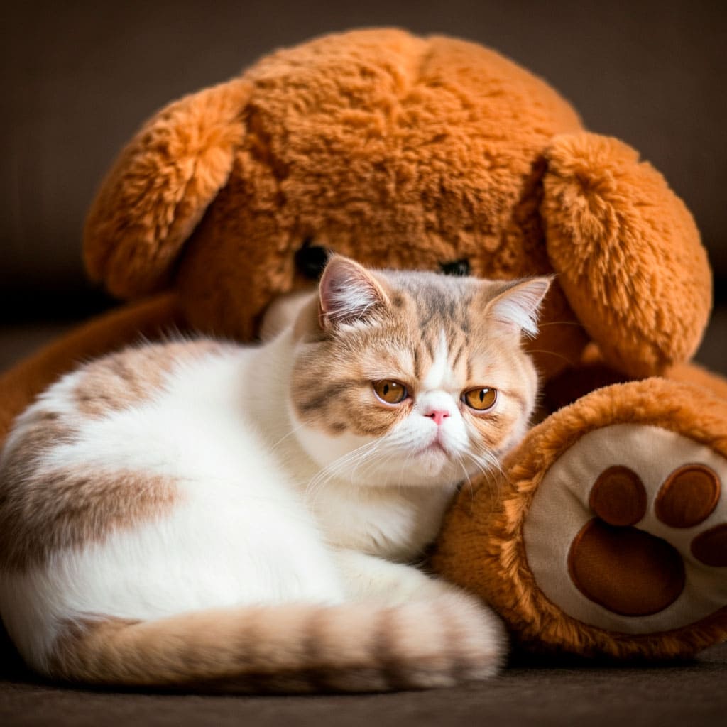 Gato exótico 5 Gato exótico descansando junto a un peluche de gran tamaño.