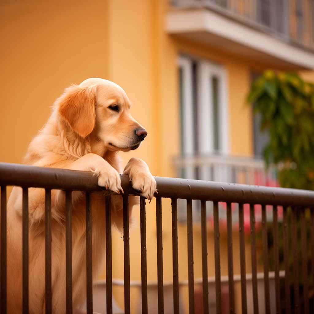 Golden Retriever 10 Golden Retriever asomado en el balcón, observando el exterior.