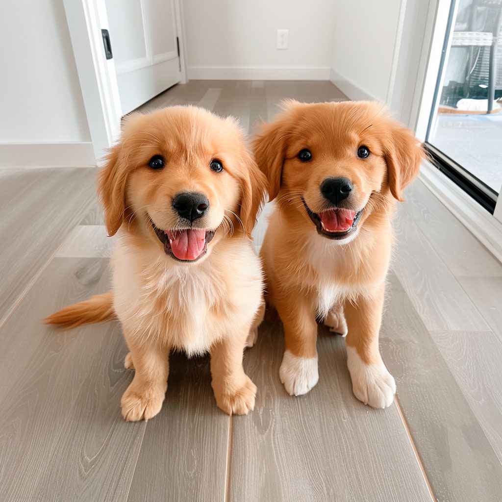 Golden Retriever 11 Dos cachorros de Golden Retriever felices sentados en el suelo.