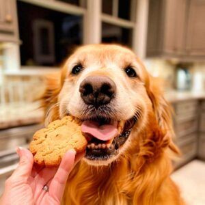 Golden Retriever 9 Golden Retriever disfrutando de una galleta que una persona le ofrece.