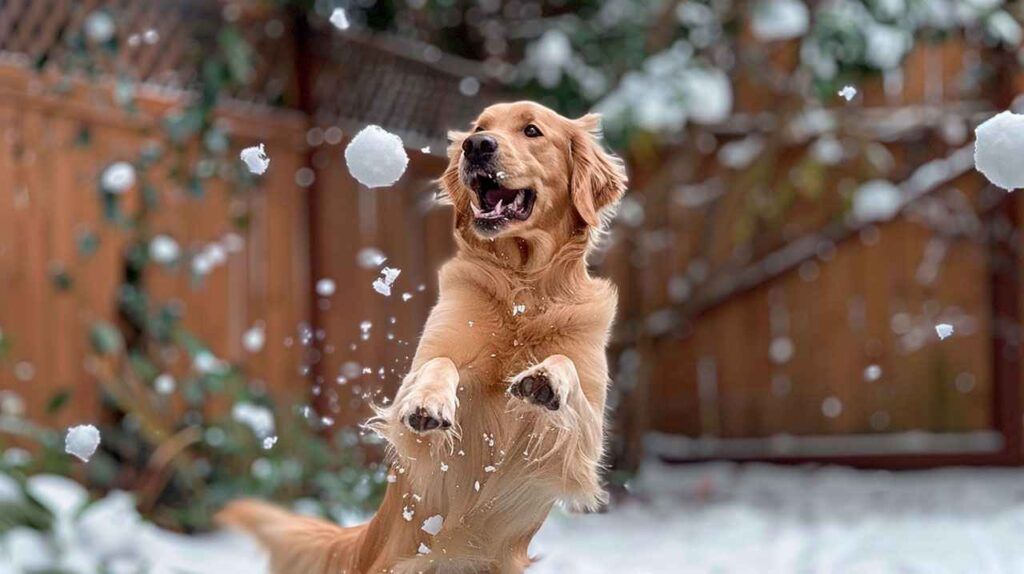 Golden Retriever 7 Golden Retriever jugando en la nieve y saltando para atrapar bolas de nieve.