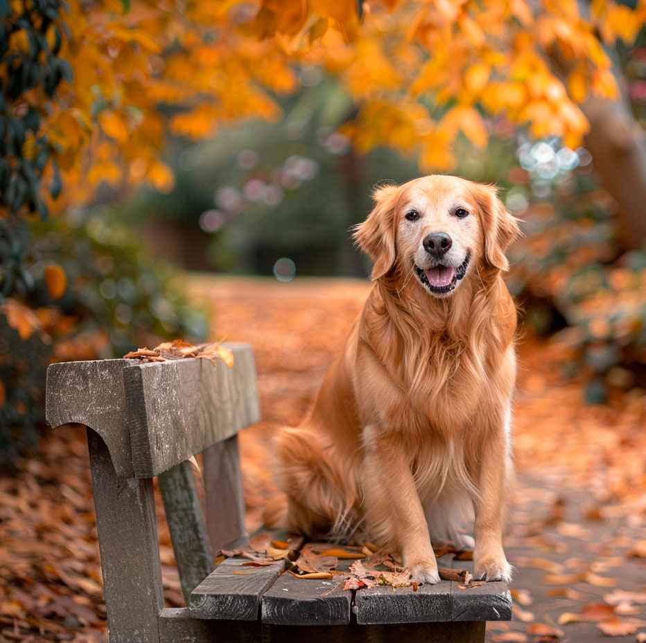Golden Retriever 3 Golden Retriever sentado en un banco en un parque durante el otoño.