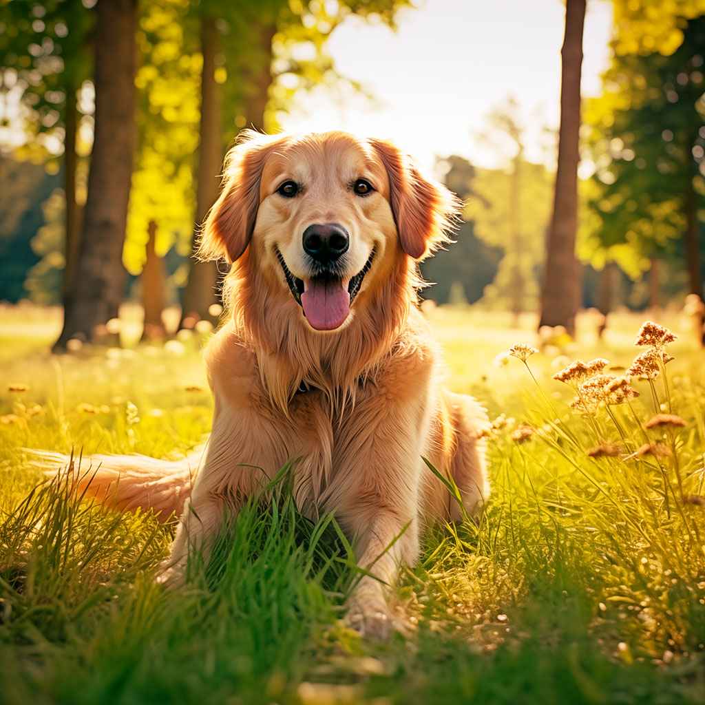 Golden Retriever 1 Golden Retriever sentado en la hierba de una pradera en un día soleado.