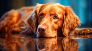 Golden Retriever 5 Golden Retriever acostado y mirando al frente con su reflejo en el piso.