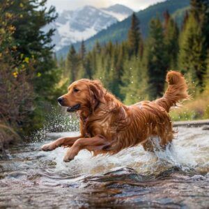 Golden Retriever 4 Golden Retriever corriendo en un río de montaña rodeado de árboles y montañas.