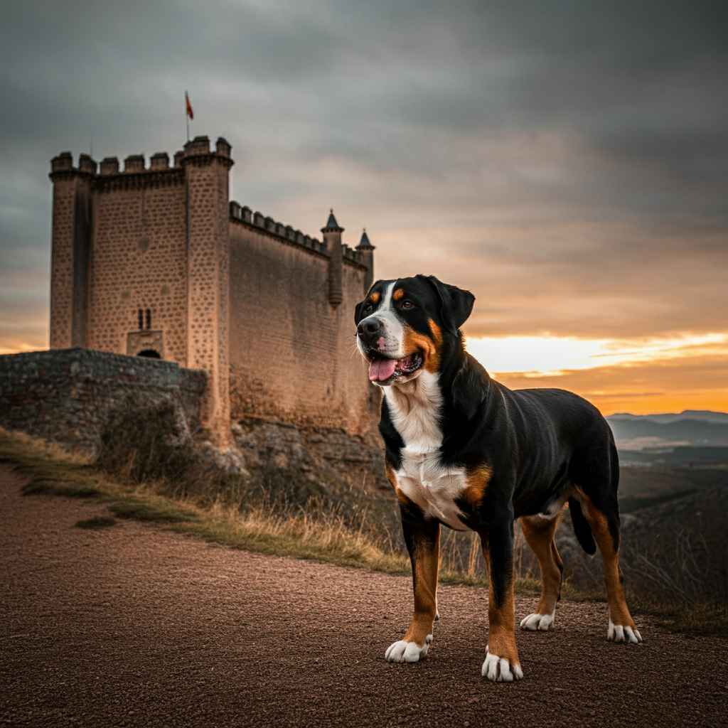 Gran Boyero Suizo posando frente a un castillo al atardecer.