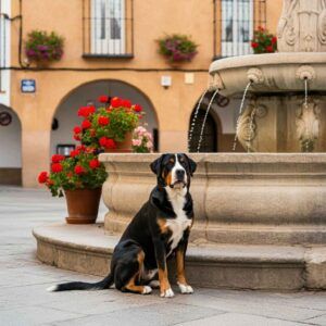 Gran Boyero Suizo junto a una fuente en una plaza de pueblo.