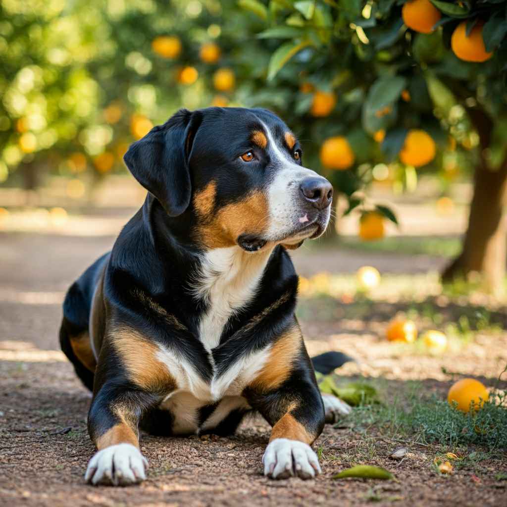 Gran Boyero Suizo descansando en un huerto de naranjas.