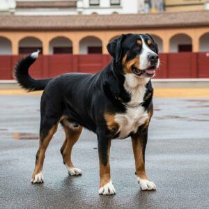 Gran Boyero Suizo en una plaza de toros tradicional.