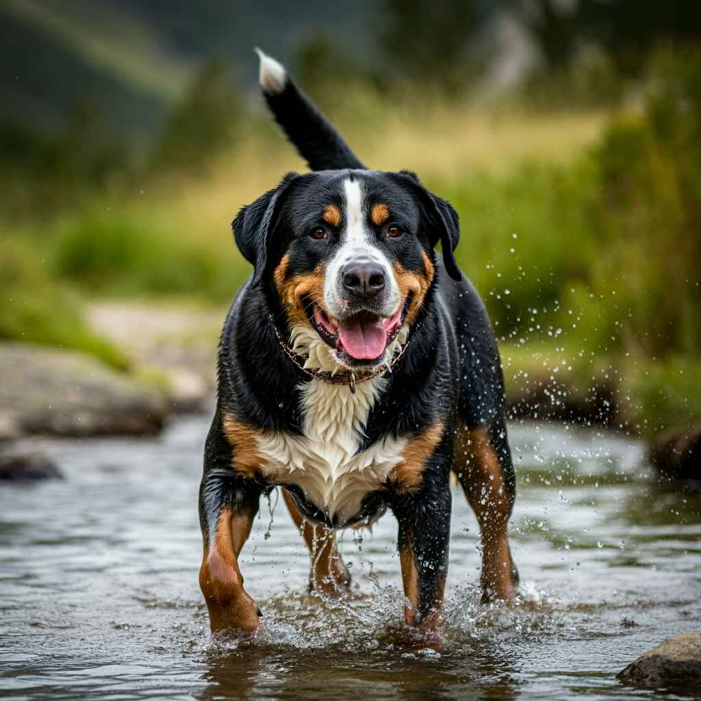 Gran Boyero Suizo caminando por un río poco profundo.